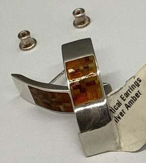Baltic Amber Mosaic .975 Sterling Silver Vertical Earrings NWT Boho Vtg